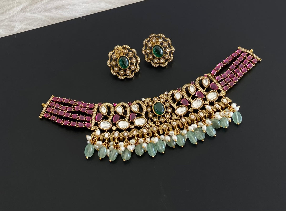 Antique gold tone peacock kundan sea green beaded choker necklace set dj-54799