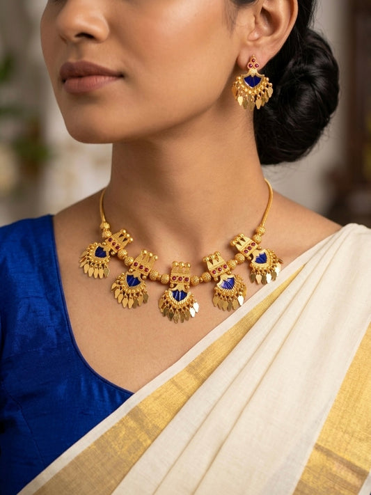 Gold tone kerala style pink-blue palakka elakka necklace set dj-54551