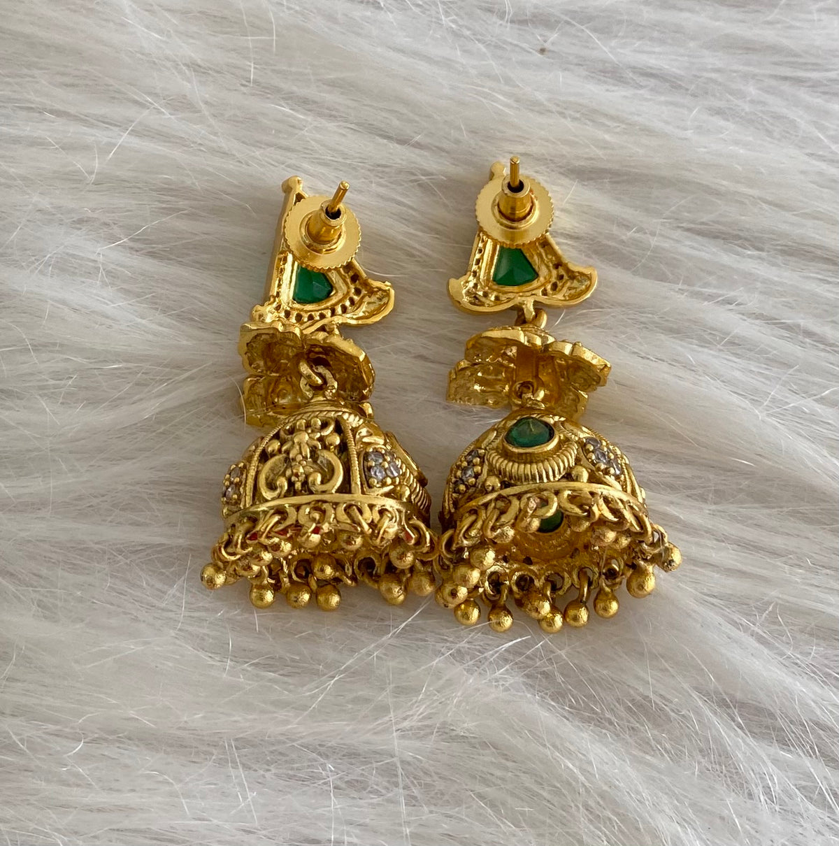 Antique gold tone green-white stone jhumkka dj-55091