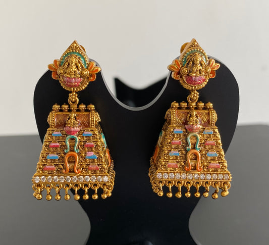 Matte finish pink-orange meenakari Gopuram jhumkka dj-53110
