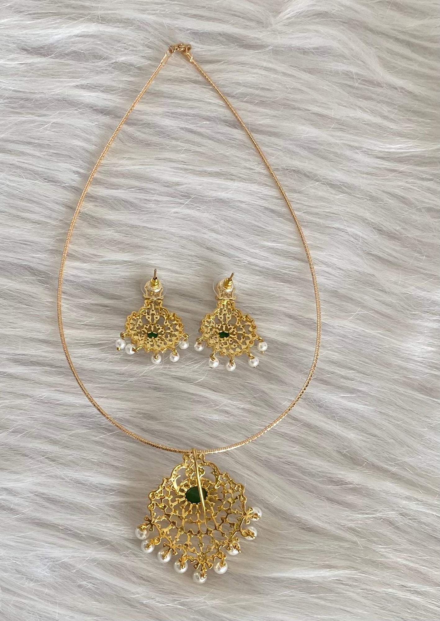 Two tone cz white-green pearl pendant set with kanti necklace dj-54243