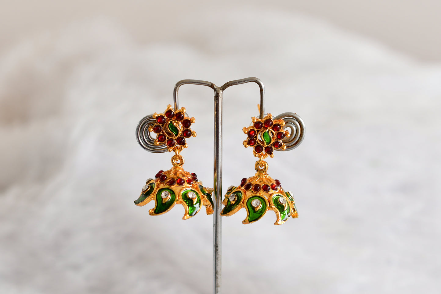 Gold tone red-green mango enamel jhumkka dj-52366