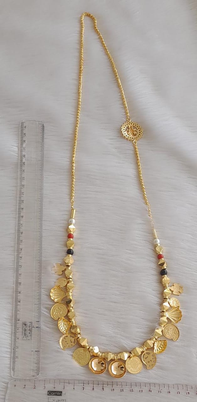 Gold tone black-coral-pearl beaded bottu lakshmi coin mango mangalyam with lakshmi mugappu dj-42834