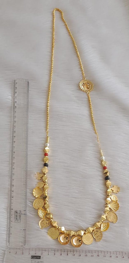 Gold tone black-coral-pearl beaded bottu lakshmi coin mango mangalyam with lakshmi mugappu dj-42834