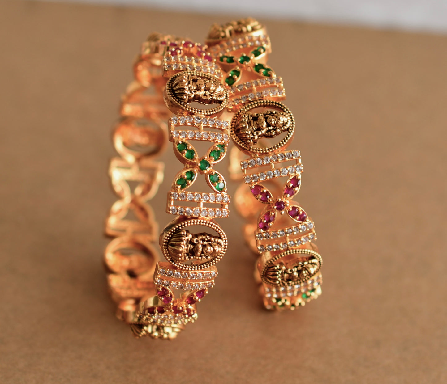 Antique gold tone ruby-green-white lakshmi bangles(2.6) dj-51994