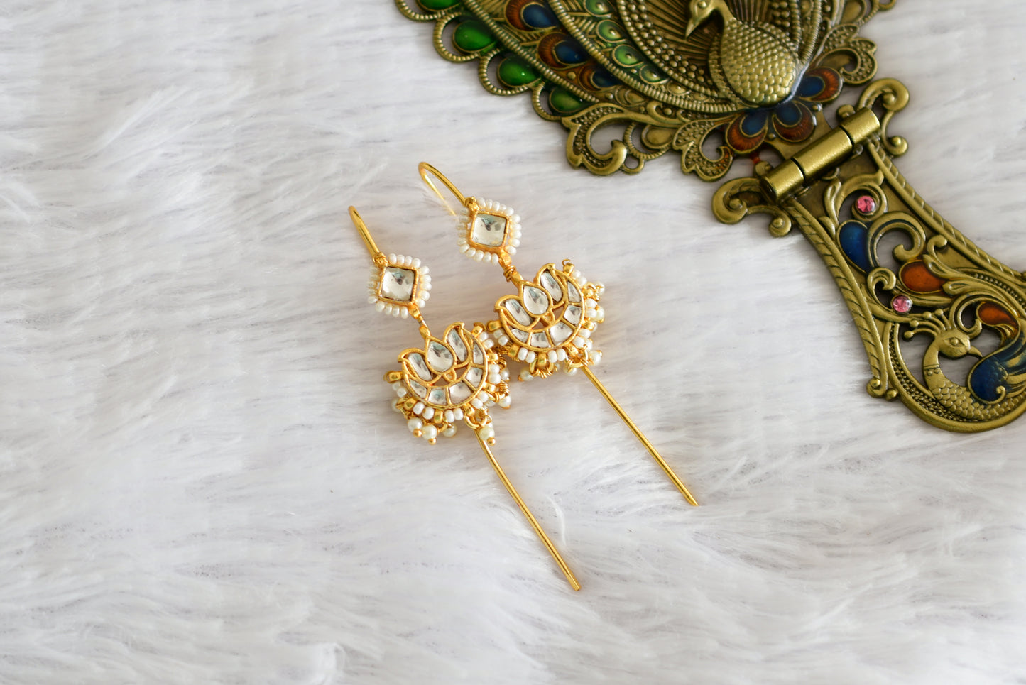 Gold tone white kundan jadau lotus bugadi needle earrings dj-52448