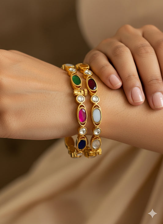 Gold tone navarathna screw type kundan jadau bangles(2.8) dj-51572