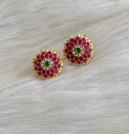 Gold tone pink-green-white kundan jadau flower round stud/earrings dj-54579