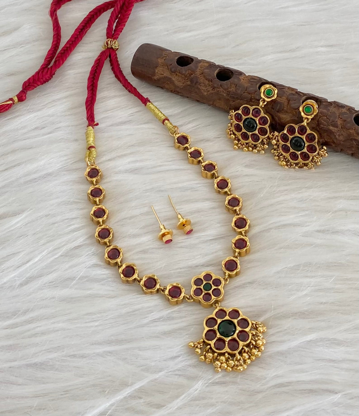 Antique gold tone kemp-green stone reversible necklace set dj-54773