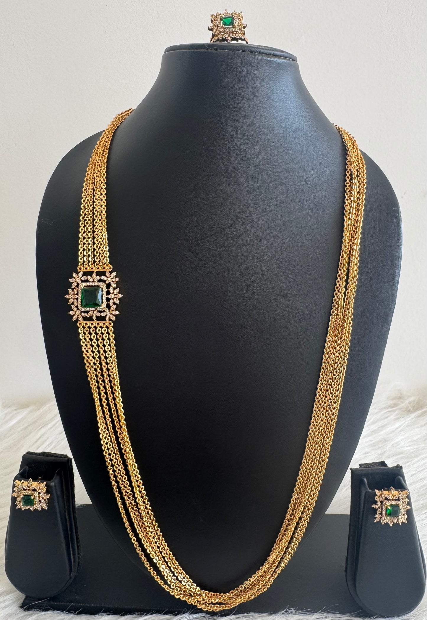 Matte finish cz green block stone mugappu chandra haar set dj-51243