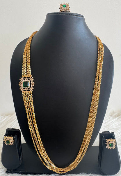 Matte finish cz green block stone mugappu chandra haar set dj-51243