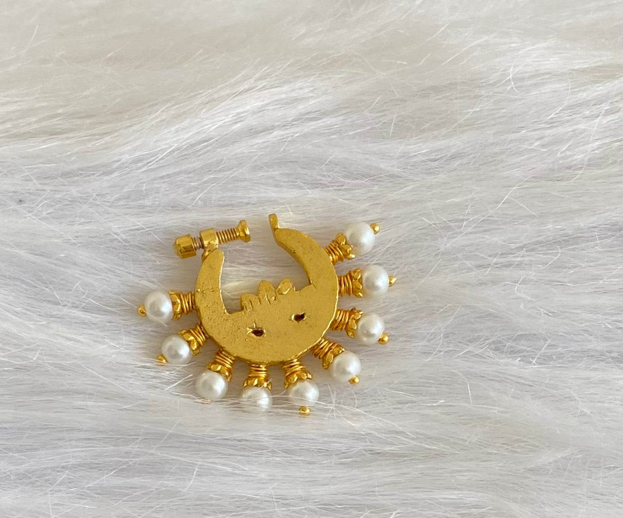 Gold tone kundan jadau pink-white stone pearl nose pin dj-53715