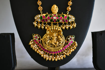 Antique gold tone pink-green kundan jadau Shri Krishna pendant necklace dj-52604