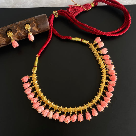 Antique gold tone pink tulip beaded necklace set dj-54367