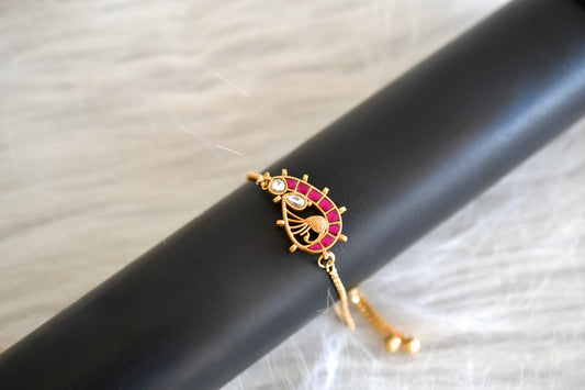 Gold tone pink kundan jadau peacock bracelet dj-52666