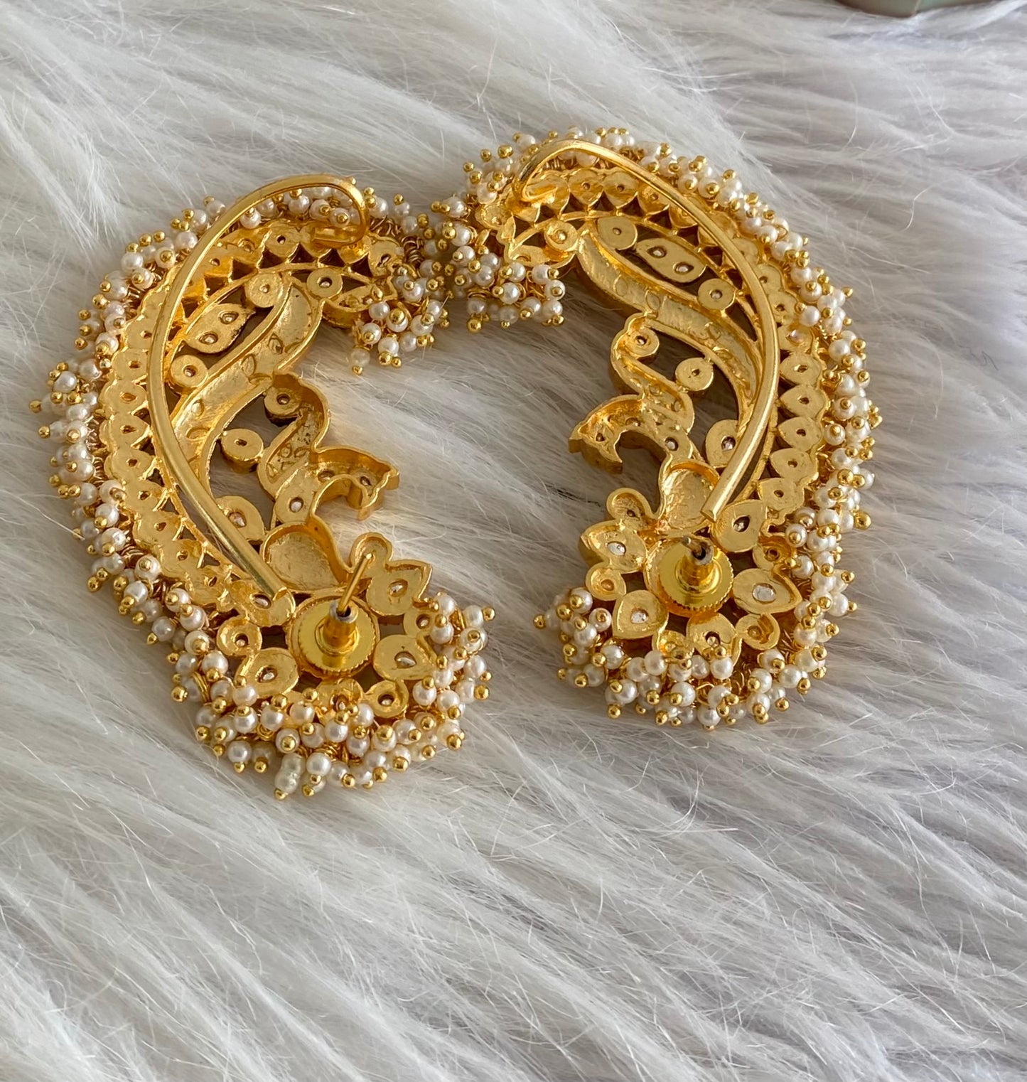 Gold tone white kundan jadau big peacock khanpool earrings dj-54572