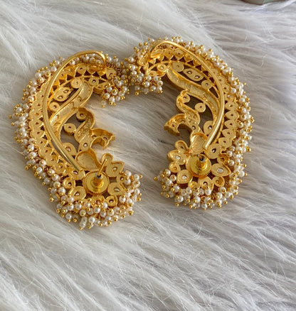 Gold tone white kundan jadau big peacock khanpool earrings dj-54572