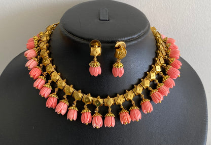 Antique gold tone pink tulip beaded necklace set dj-53707