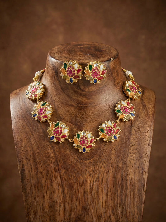 Gold tone navarathna kundan jadau lotus necklace set dj-51544