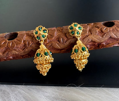 Gold tone green beaded step jhumkka dj-51281
