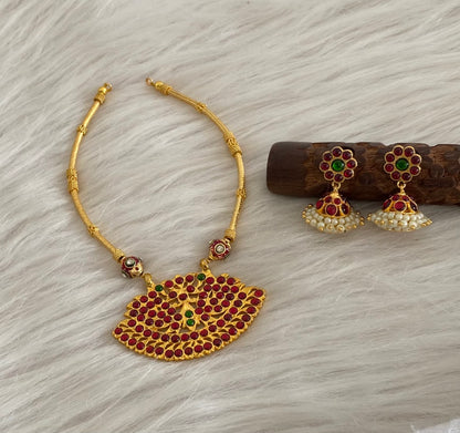 Gold tone kemp-green meenakari peacock hasli handmade necklace set dj-55021
