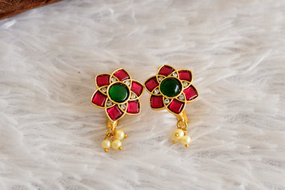 Gold tone pink-green-white kundan jadau flower bugadi earrings dj-52481