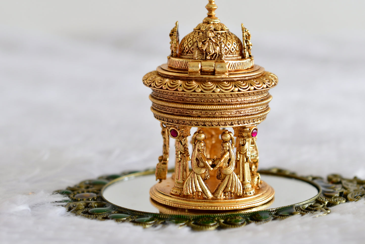 Antique gold tone kemp Radhe-Krishna temple kumkum box dj-52320