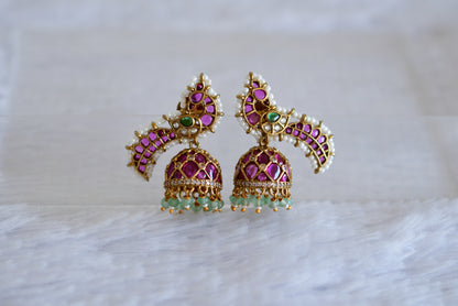 Antique gold tone cz kemp-green peacock jhumkka dj-52551