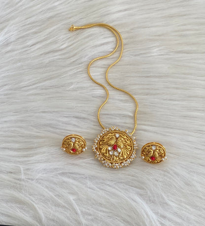 Antique gold tone 18 inches chain with peacock coral round pendant set dj-55113