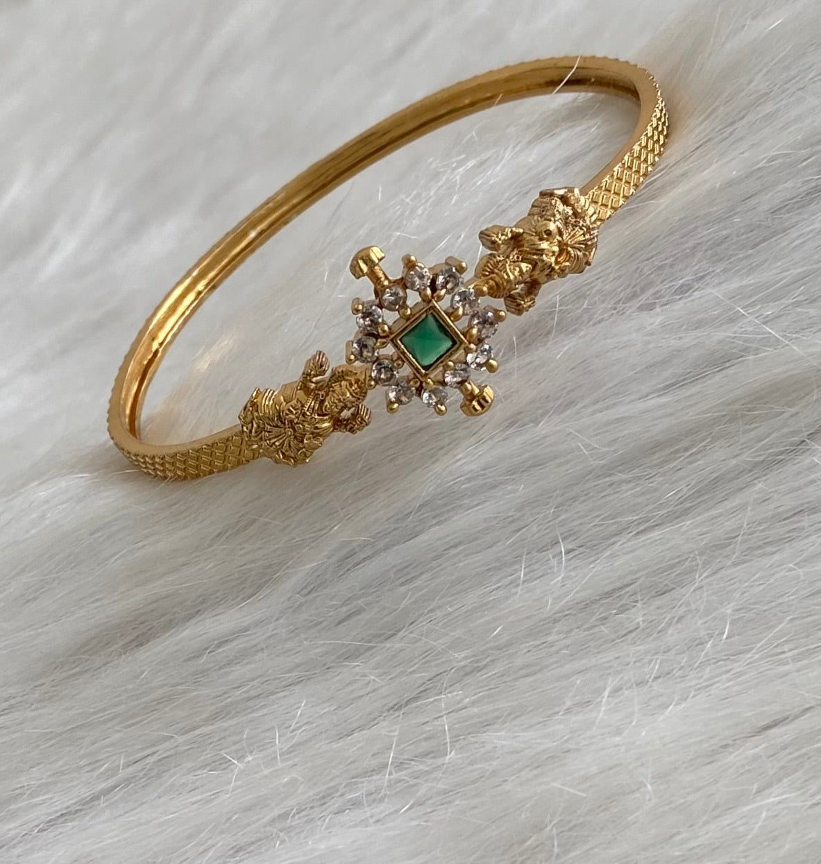 Antique gold tone white-green stone lakshmi single kada (2.8) dj-54779