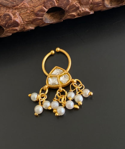 Gold tone kundan jadau white stone pearl nose pin/bulakku dj-53799