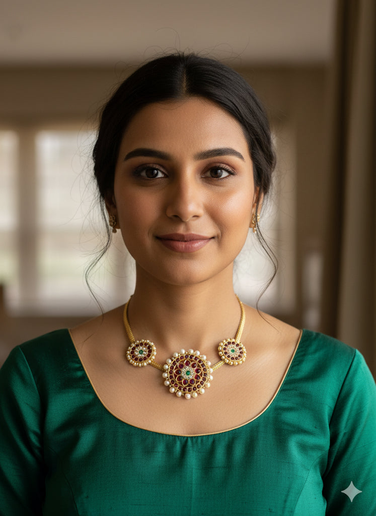 Gold tone precious kemp-green pearl round necklace dj-52288