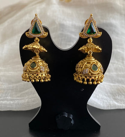 Antique gold tone green-white stone jhumkka dj-55091