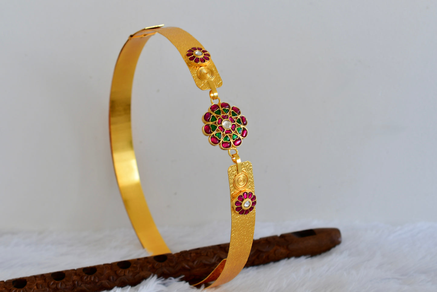 Gold tone pink-green-white kundan jadau flower mango waist band dj-52178