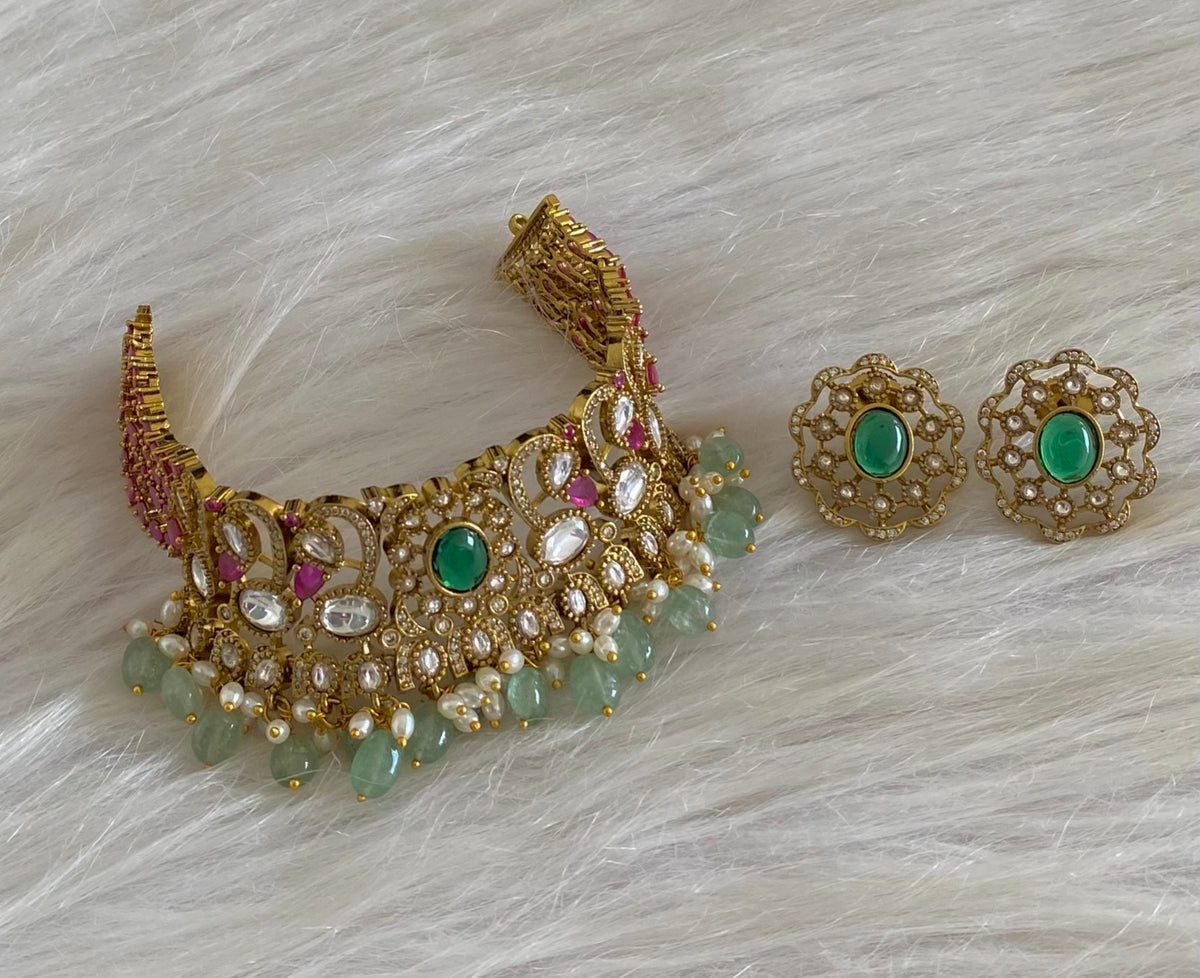 Antique gold tone peacock kundan sea green beaded choker necklace set dj-54799