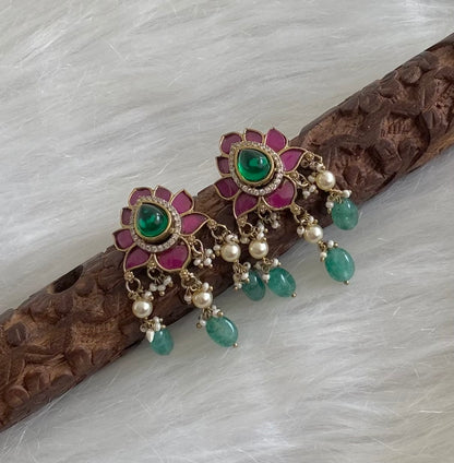 Antique gold tone pink-green-white kundan jadau green beaded stud/earrings dj-54577