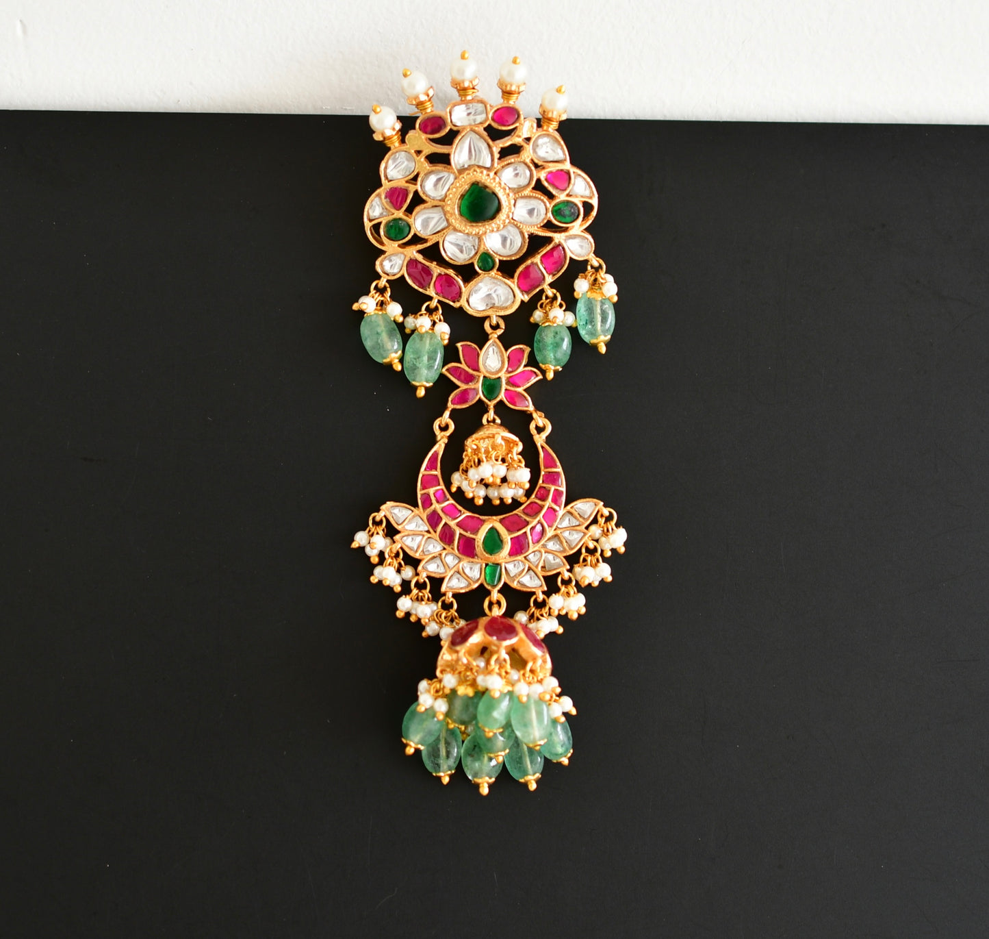 Gold tone pink-green kundan jadau lotus hair jewel dj-52376