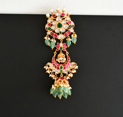 Gold tone pink-green kundan jadau lotus hair jewel dj-52376