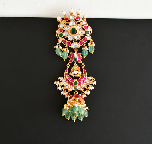 Gold tone pink-green kundan jadau lotus hair jewel dj-52376