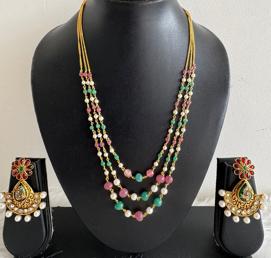 Gold tone pink-green pearl beaded multi layer necklace set dj-51332