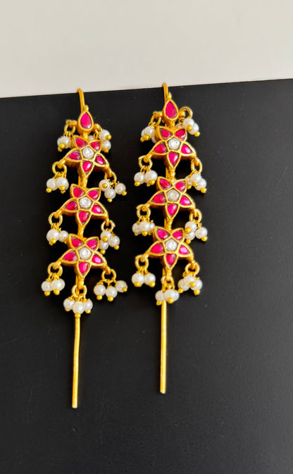 Gold tone pink-white kundan jadau flower bugadi earrings dj-51131