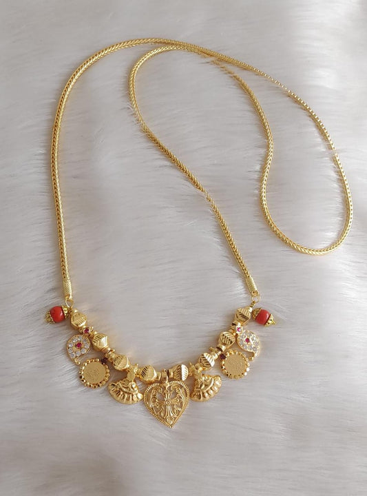 Gold tone coral stone mango lakshmi coin corss christian mangalyam with 30 inches chain dj-42596