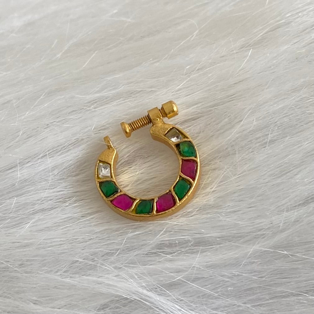 Gold tone kundan jadau pink-green-white stone nose pin dj-53722