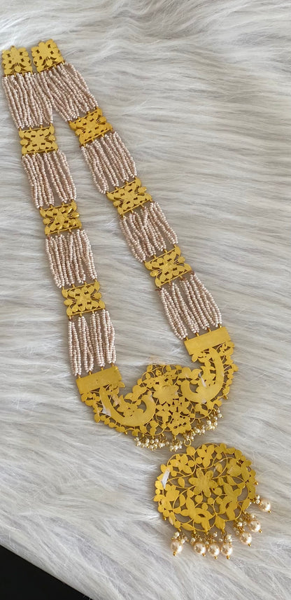 Antique gold pink-green-white pearl kundan jadau haar dj-54157