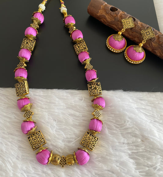 Antique gold Silk thread pink necklace set dj-52927