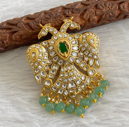 Gold tone pink-green-white kundan jadau Gandaberunda reversible pendant dj-53551