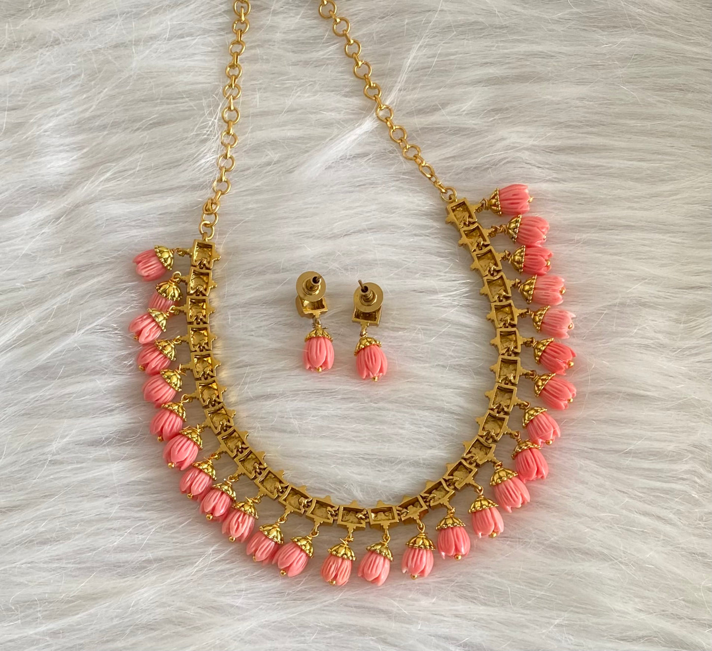 Antique gold tone pink tulip beaded necklace set dj-53707