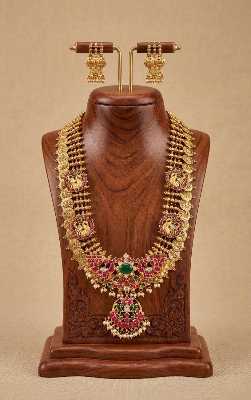 Matte finish kundan jadau Lakshmi coin swan short haar set dj-38178