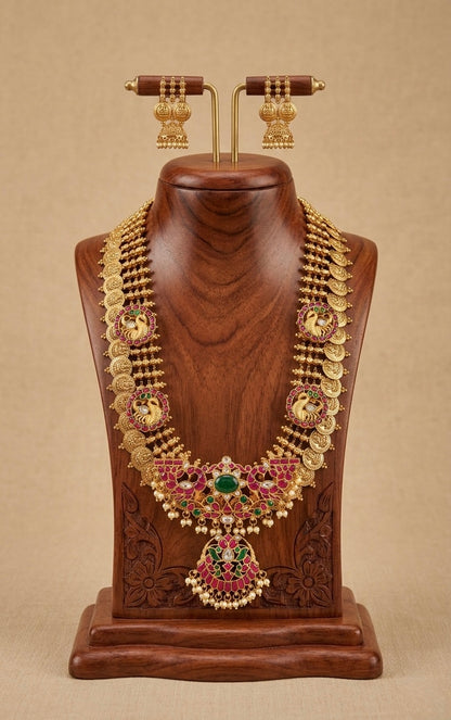 Matte finish kundan jadau Lakshmi coin swan short haar set dj-38178
