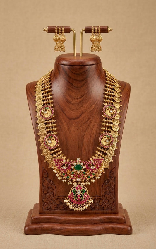 Matte finish kundan jadau Lakshmi coin swan short haar set dj-38178